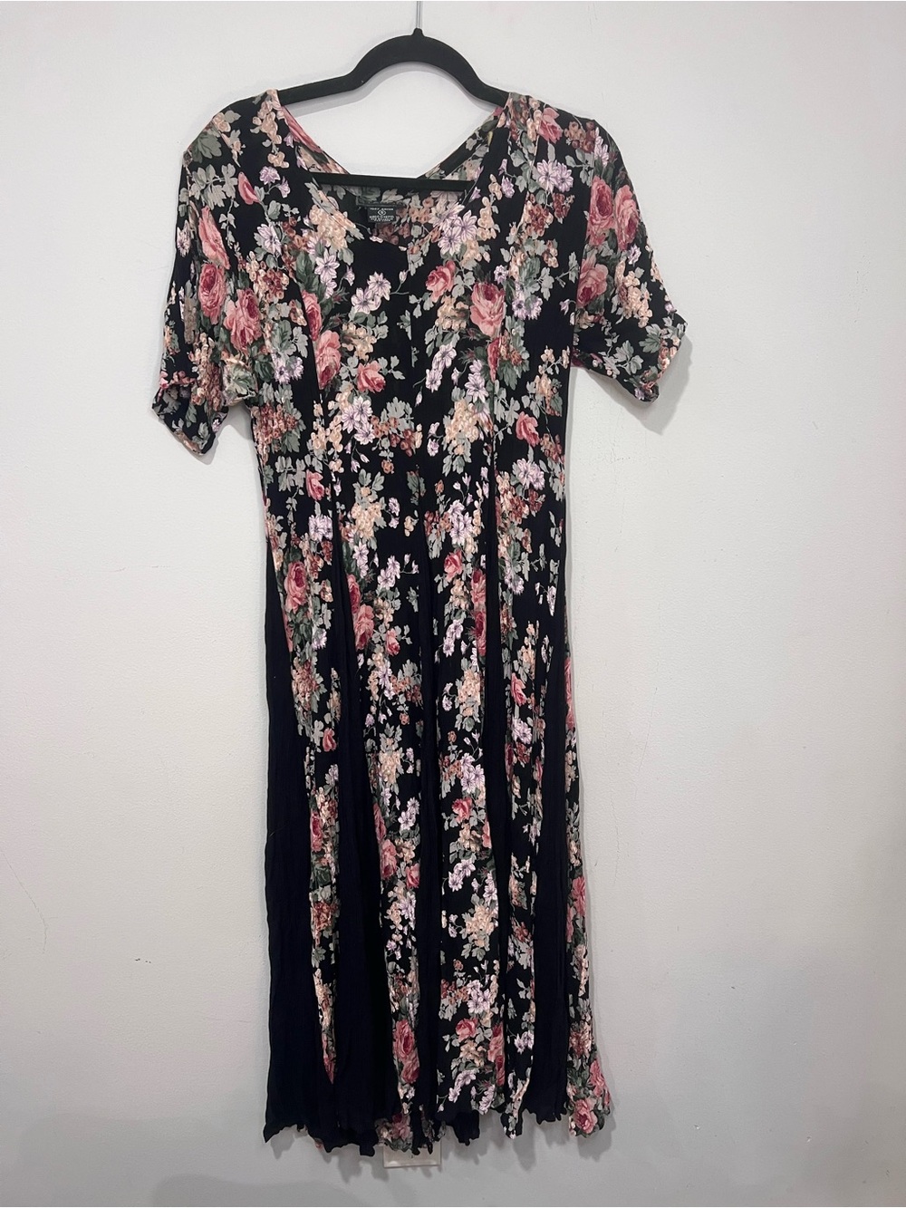 Vintage Starina 100% Rayon Black Midi Dress with Pink Floral Print Size S